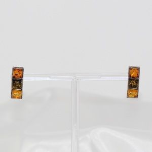 Vintage Sterling Silver Amber Three Stone Post / Stud Earrings
